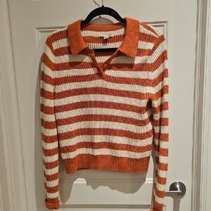 American Eagle Outfitters Orange and Cream Striped V-Neck Polo Sweater